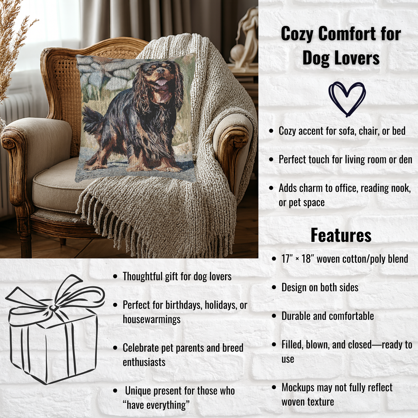 King Charles Spaniel Woven Pillow | 17x18 Dog Lover Decorative Cushion