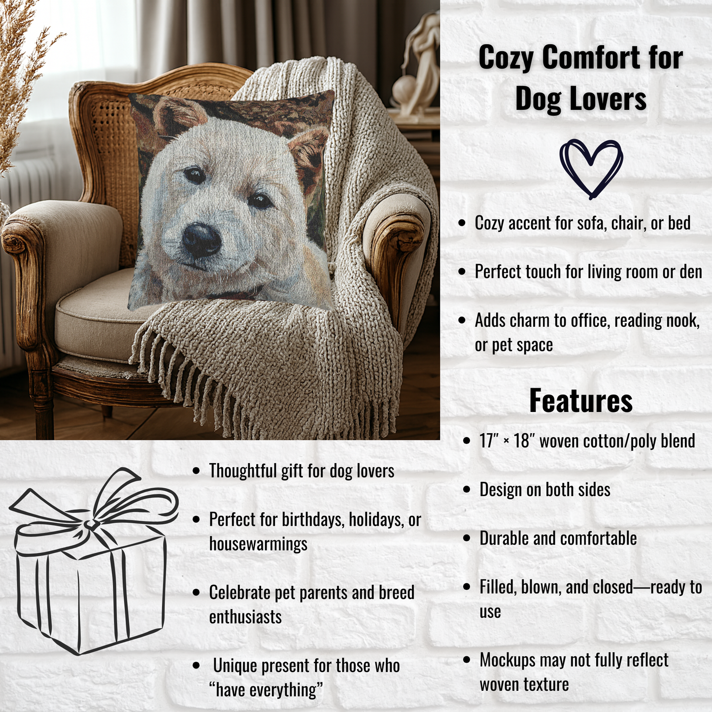 Korean Jindo Dog Woven Pillow | 17x18 Loyal Dog Breed Home Décor