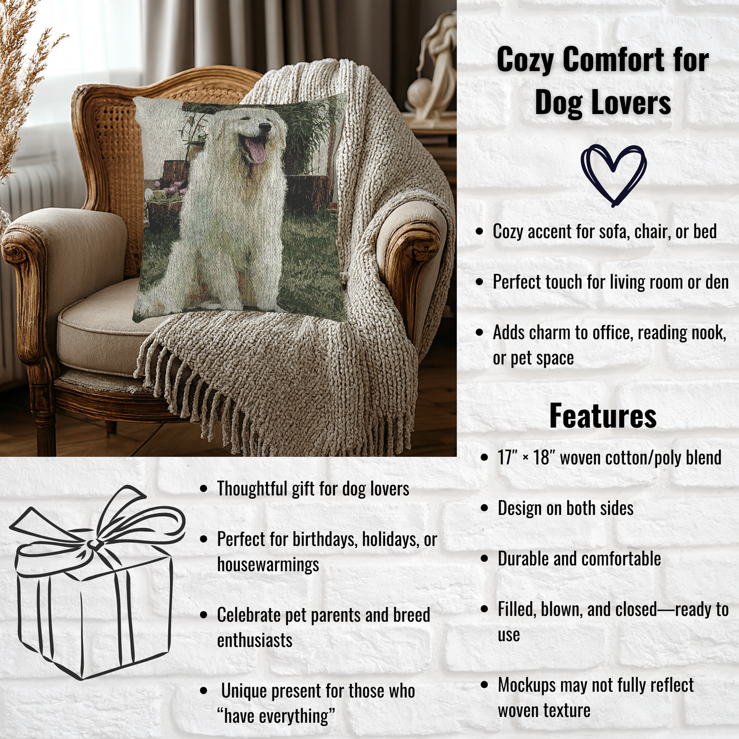 Kuvasz Woven Pillow | 17x18 Hungarian Guardian Dog Décor | Cotton/Poly Blend