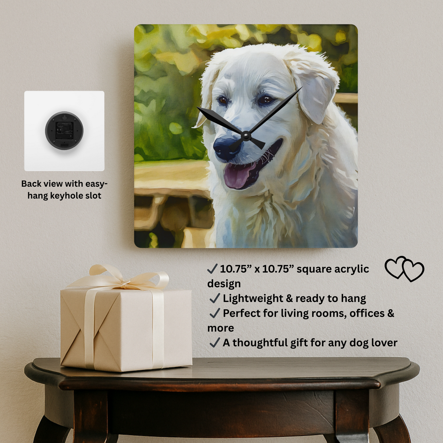 Kuvasz Wall Clock | 10.75” Acrylic Hungarian Guardian Dog Décor