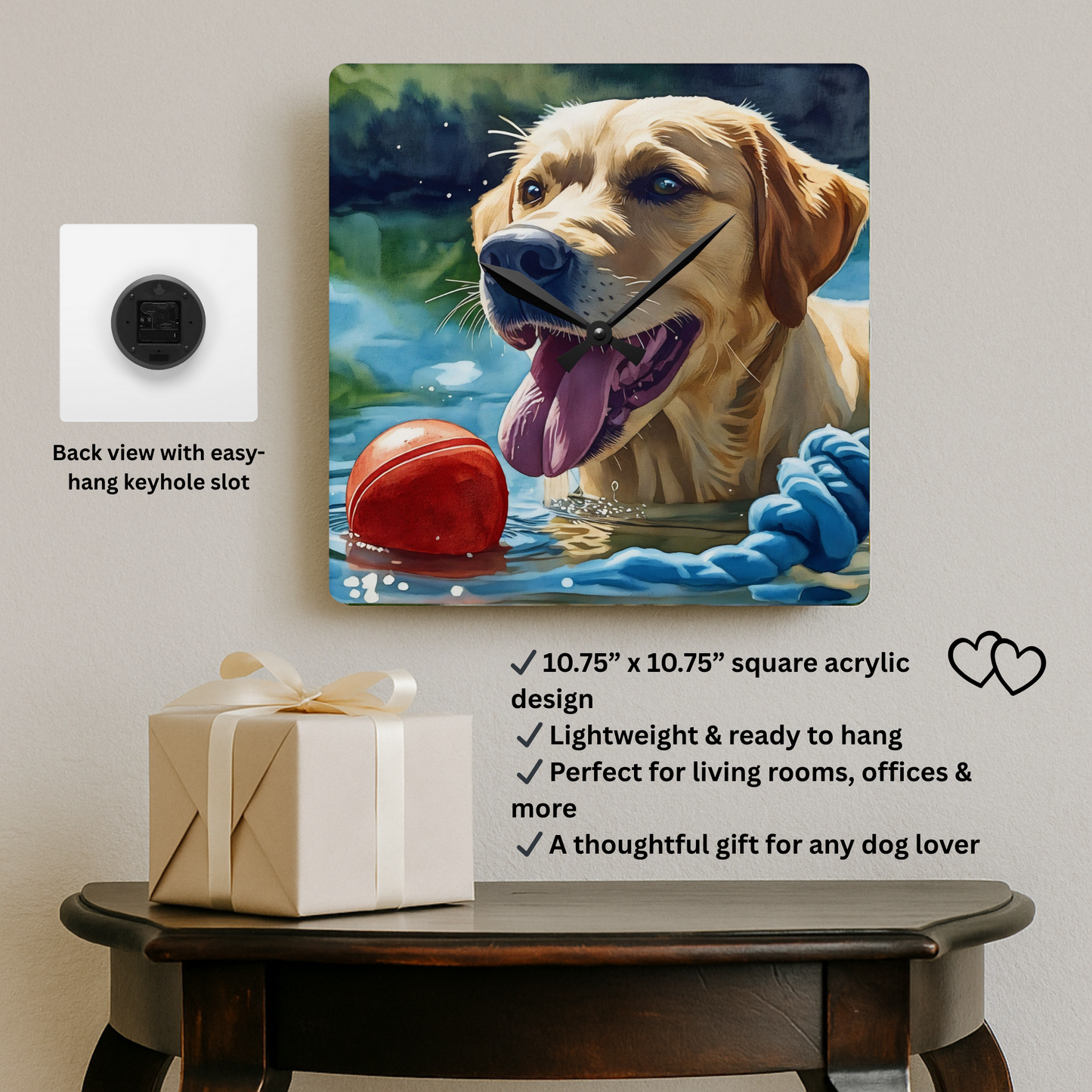 Labrador Retriever Wall Clock – Watercolor Dog Art | 10.75” Square Acrylic Wall Clock