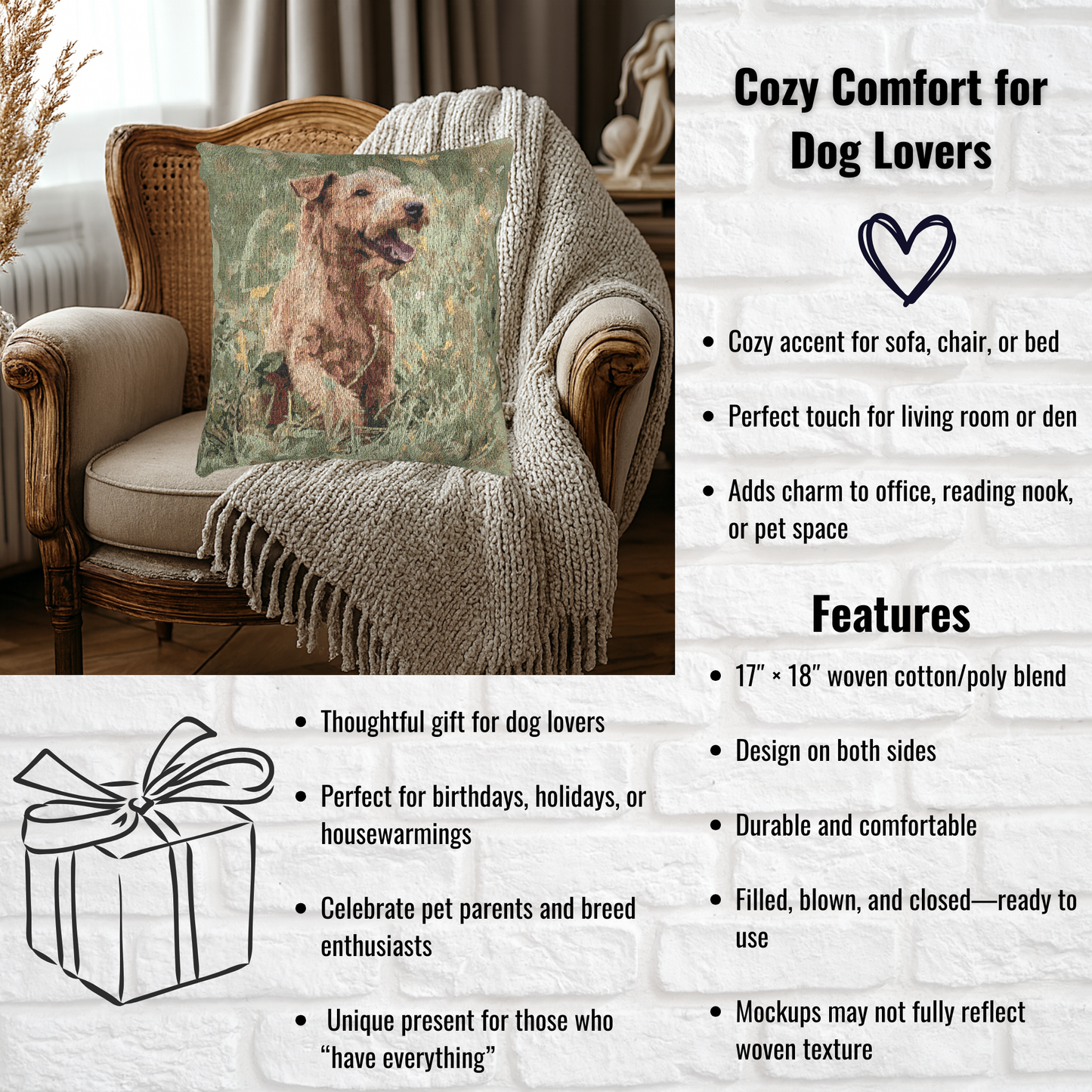 Lakeland Terrier Woven Pillow | 17x18 Dog Lover Decorative Cushion