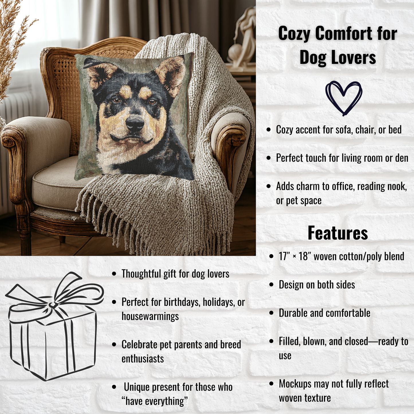 Lancashire Heeler Woven Pillow | 17x18 Rare Dog Breed Decorative Pillow