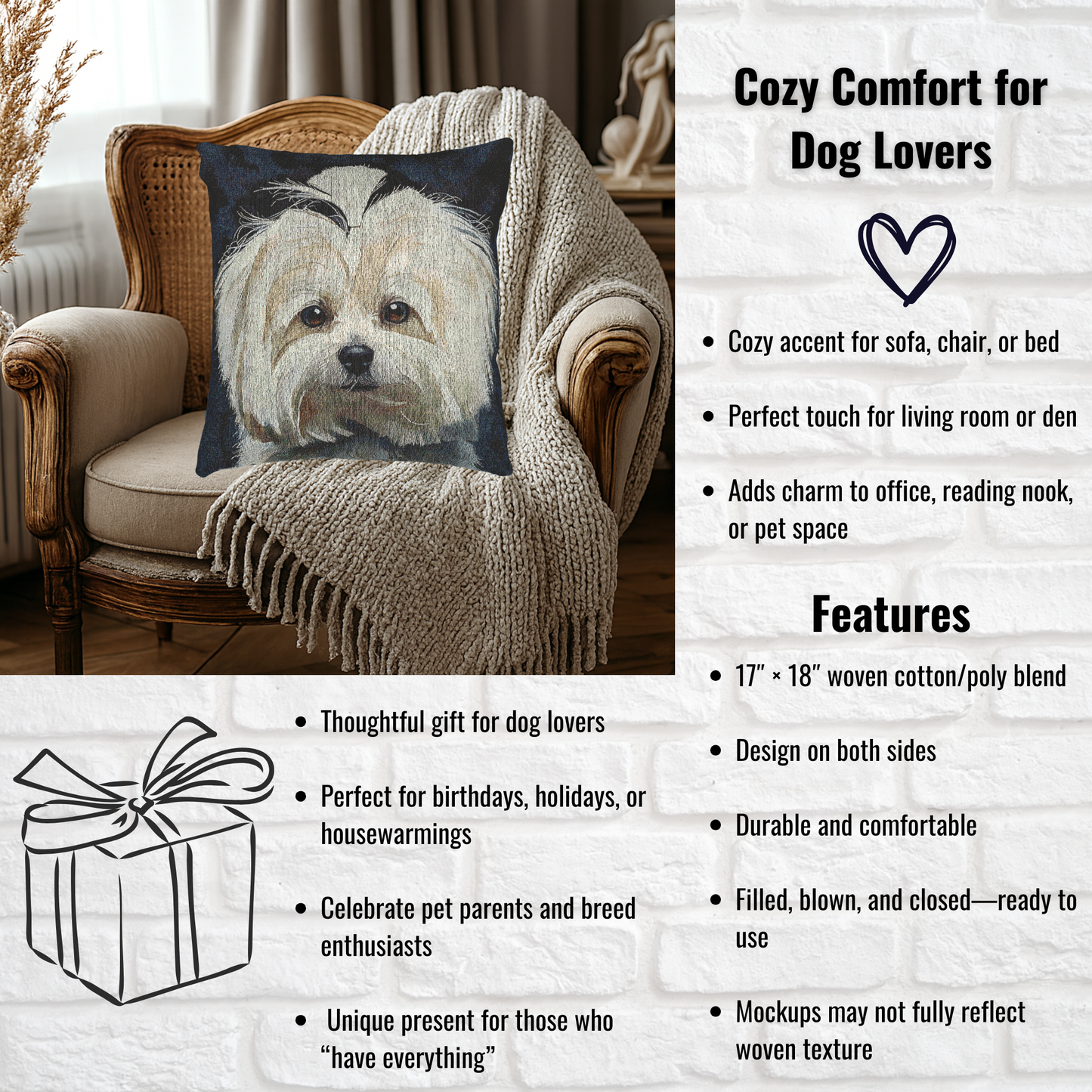 Maltese Decorative Pillow – Elegant Dog Lover Home Décor – Woven 17"x18" Accent Pillow