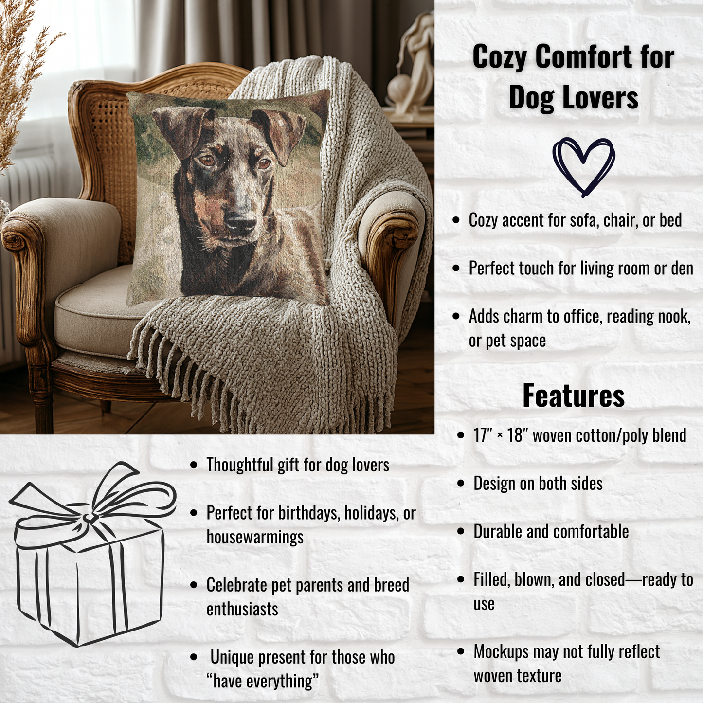 Manchester Terrier Decorative Pillow – Unique Dog Lover Accent – Woven 17"x18" Home Décor
