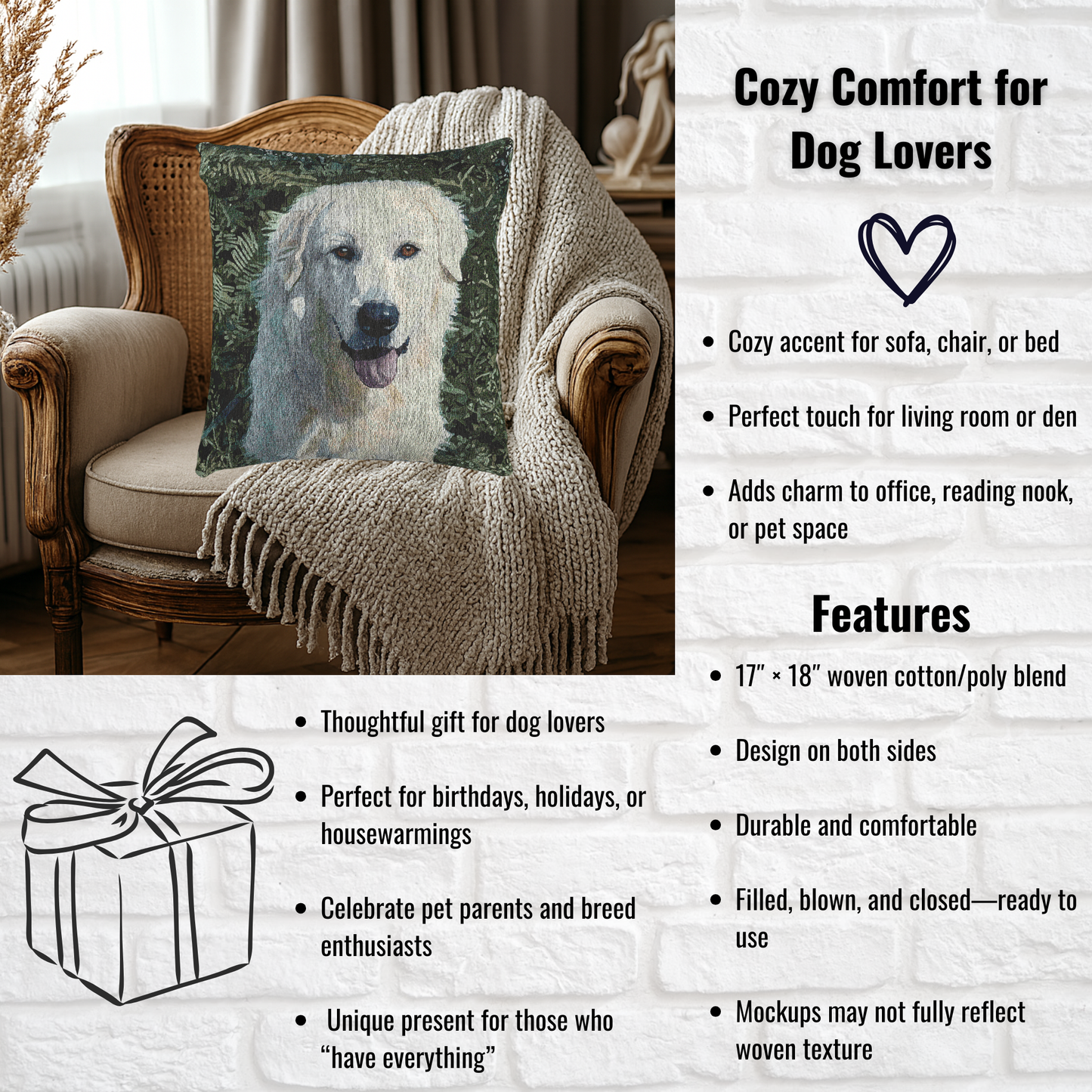 Maremma Sheepdog Decorative Pillow – Loyal Guardian Home Décor – Woven 17"x18" Accent Pillow