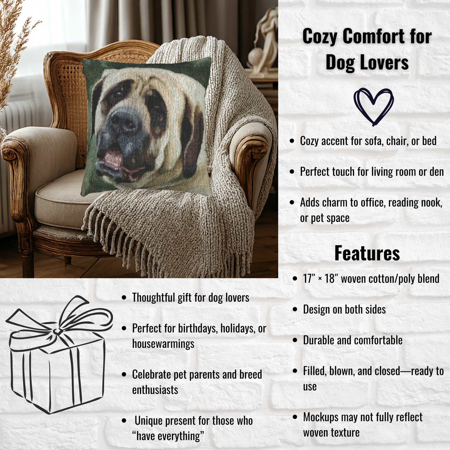 Mastiff Decorative Pillow – Gentle Giant Home Décor – Woven 17"x18" Accent Pillow