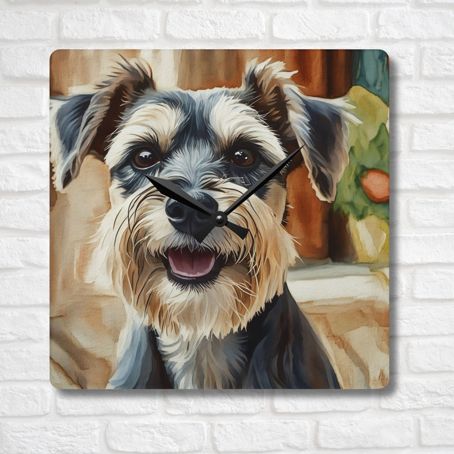 Mini Schnauzer Wall Clock – Watercolor Dog Art | 10.75” Square Acrylic Wall Décor