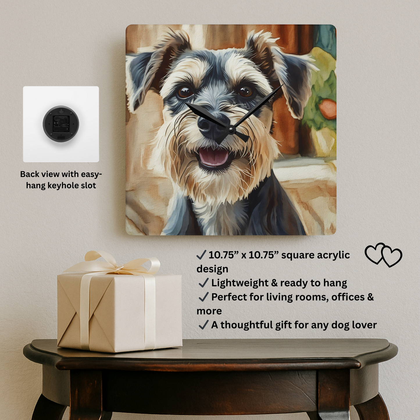 Mini Schnauzer Wall Clock – Watercolor Dog Art | 10.75” Square Acrylic Wall Décor