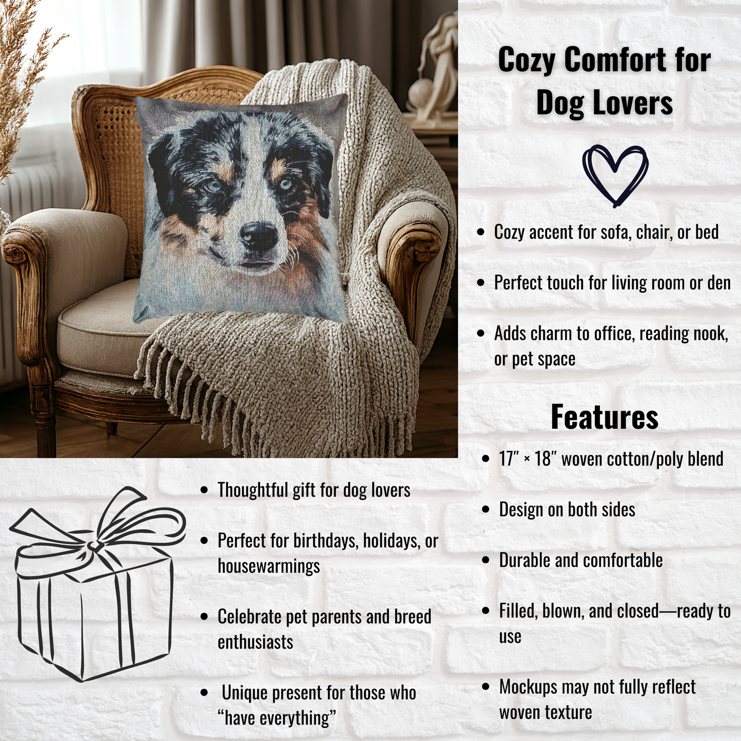 Miniature American Shepherd Decorative Pillow – Energetic Dog Lover Accent – Woven 17"x18" Pillow