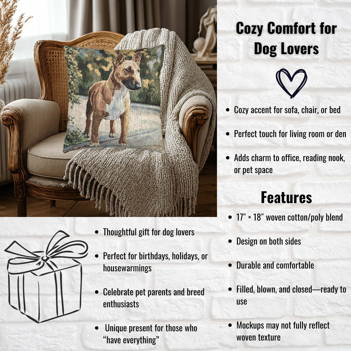 Miniature Bull Terrier Decorative Pillow – Bold Dog Lover Décor – Woven 17"x18" Accent Pillow
