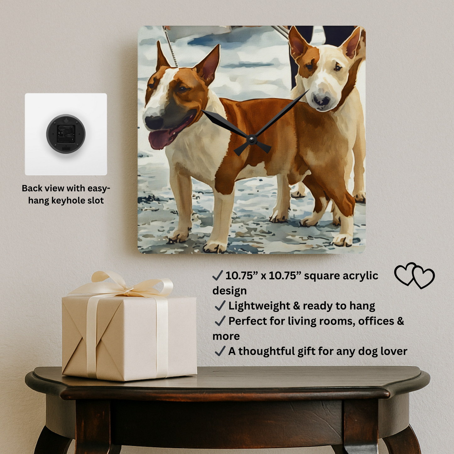 Miniature Bull Terrier Wall Clock – Bold Dog Lover Gift – Watercolor Mini Bull Terrier Art