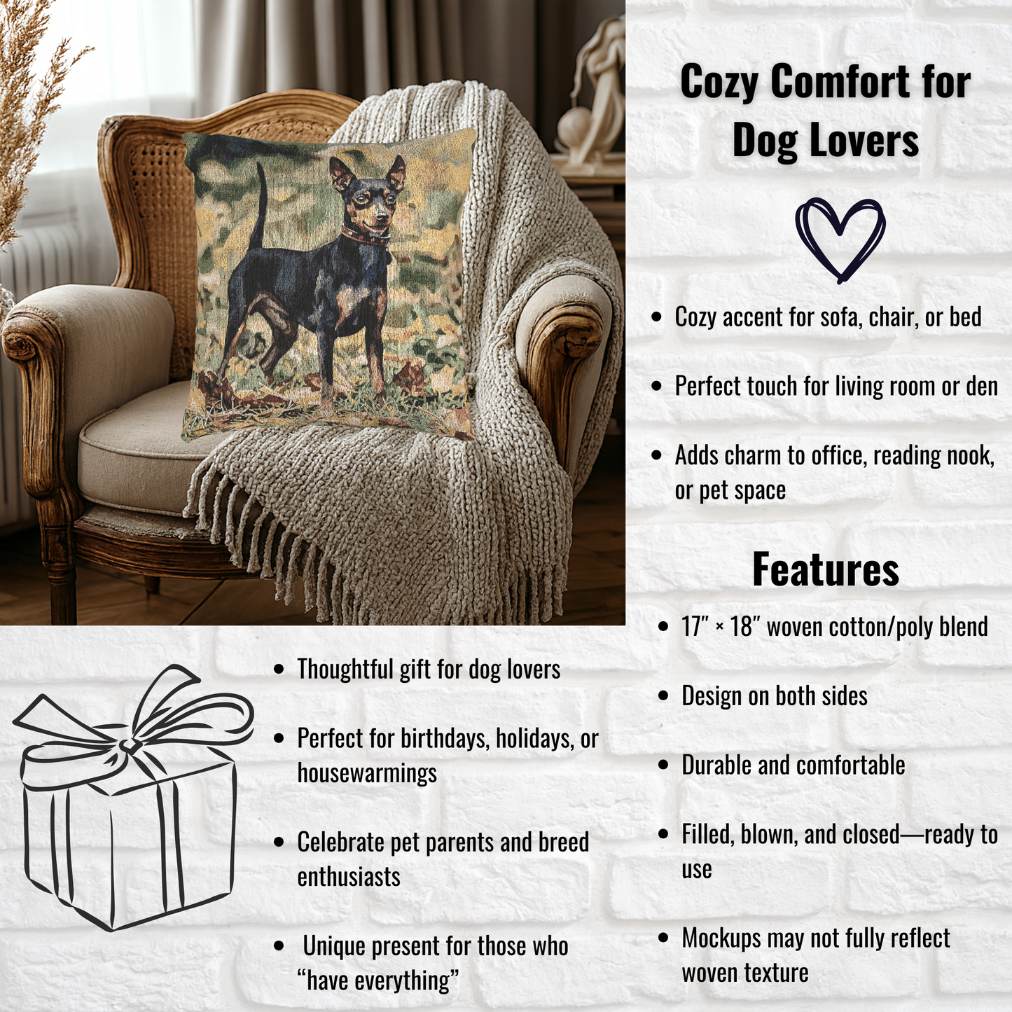Miniature Pinscher Decorative Pillow – Confident Dog Lover Home Décor – Woven 17"x18" Accent Pillow