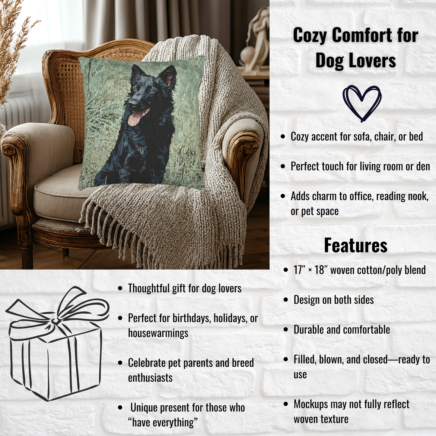 Mudi Decorative Pillow – Rare Herding Dog Home Accent – Woven 17"x18" Pillow