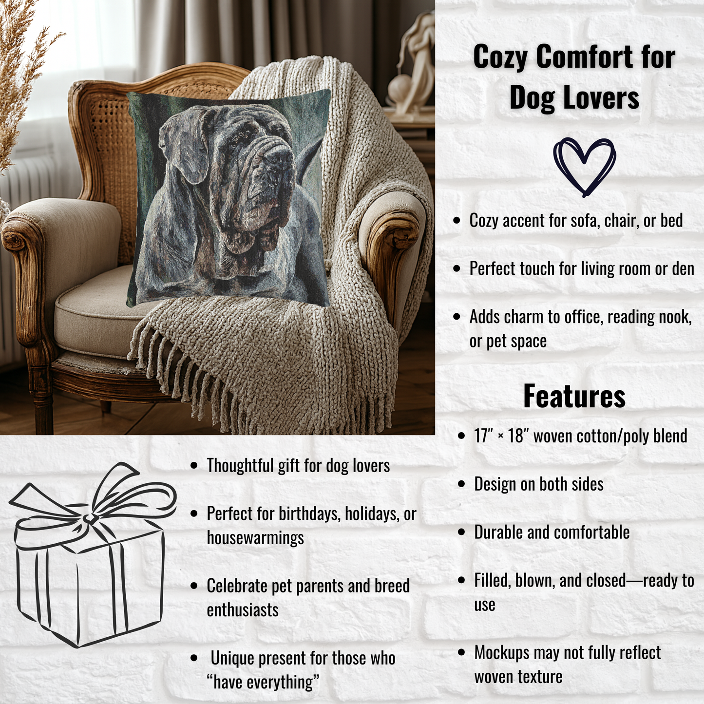 Neapolitan Mastiff Decorative Pillow – Majestic Dog Lover Décor – Woven 17"x18" Accent Pillow