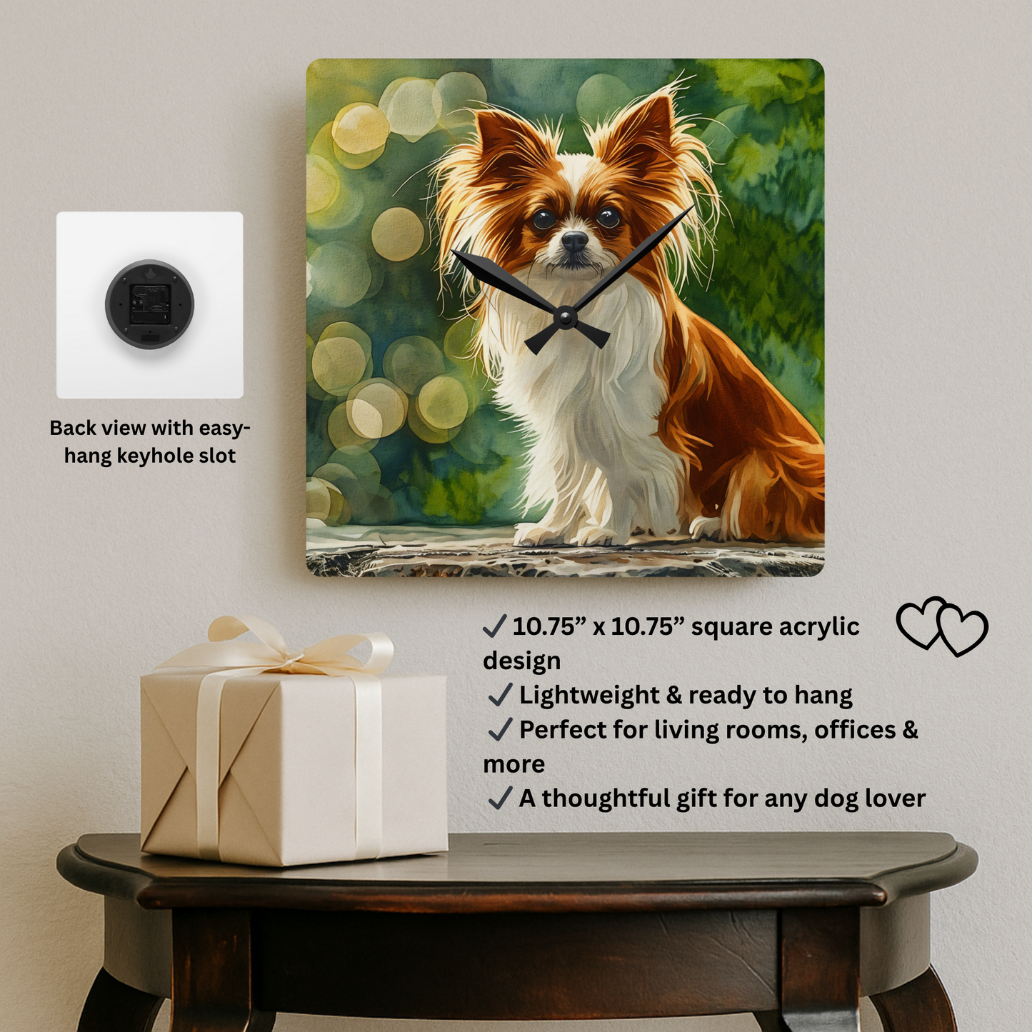 Papillon Wall Clock – Elegant Butterfly Dog Lover Gift – Watercolor Papillon Art