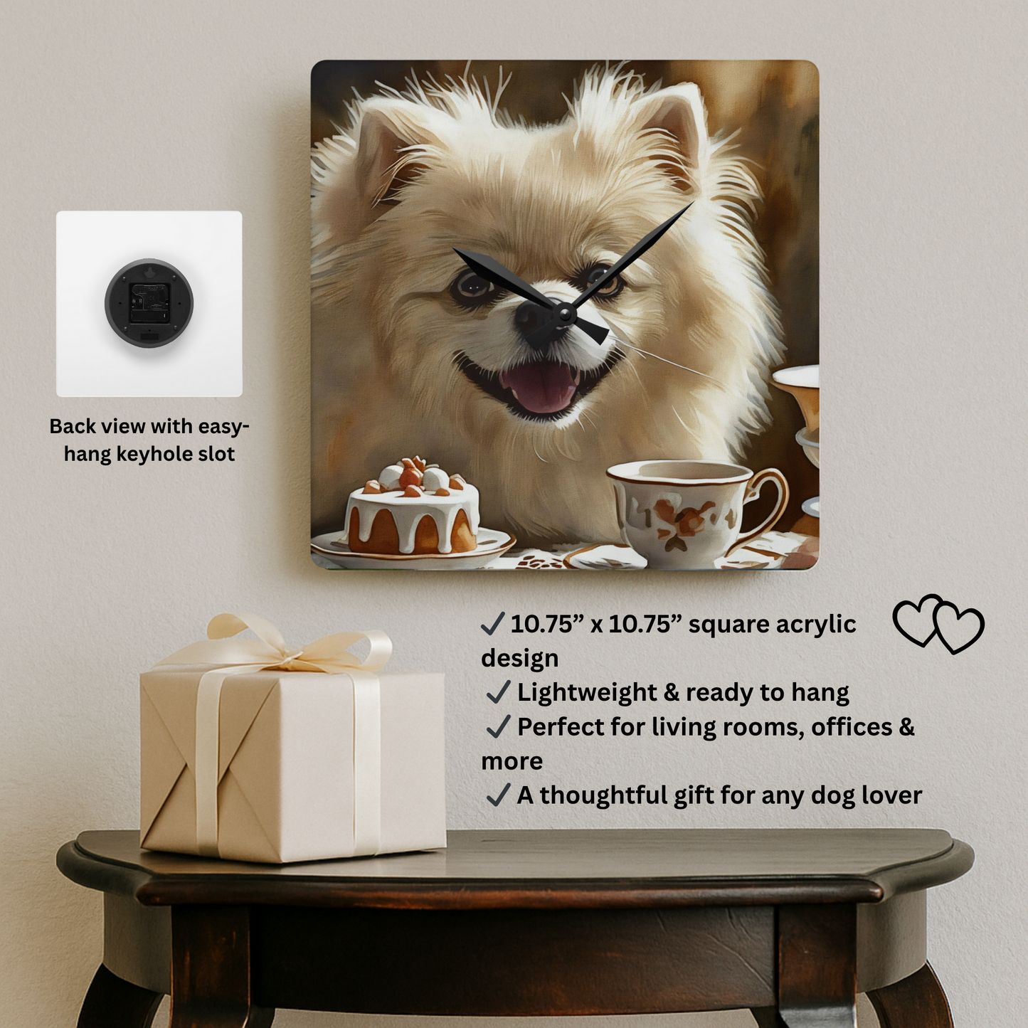 Pomeranian Wall Clock – Watercolor Dog Art | 10.75” Square Acrylic Wall Clock