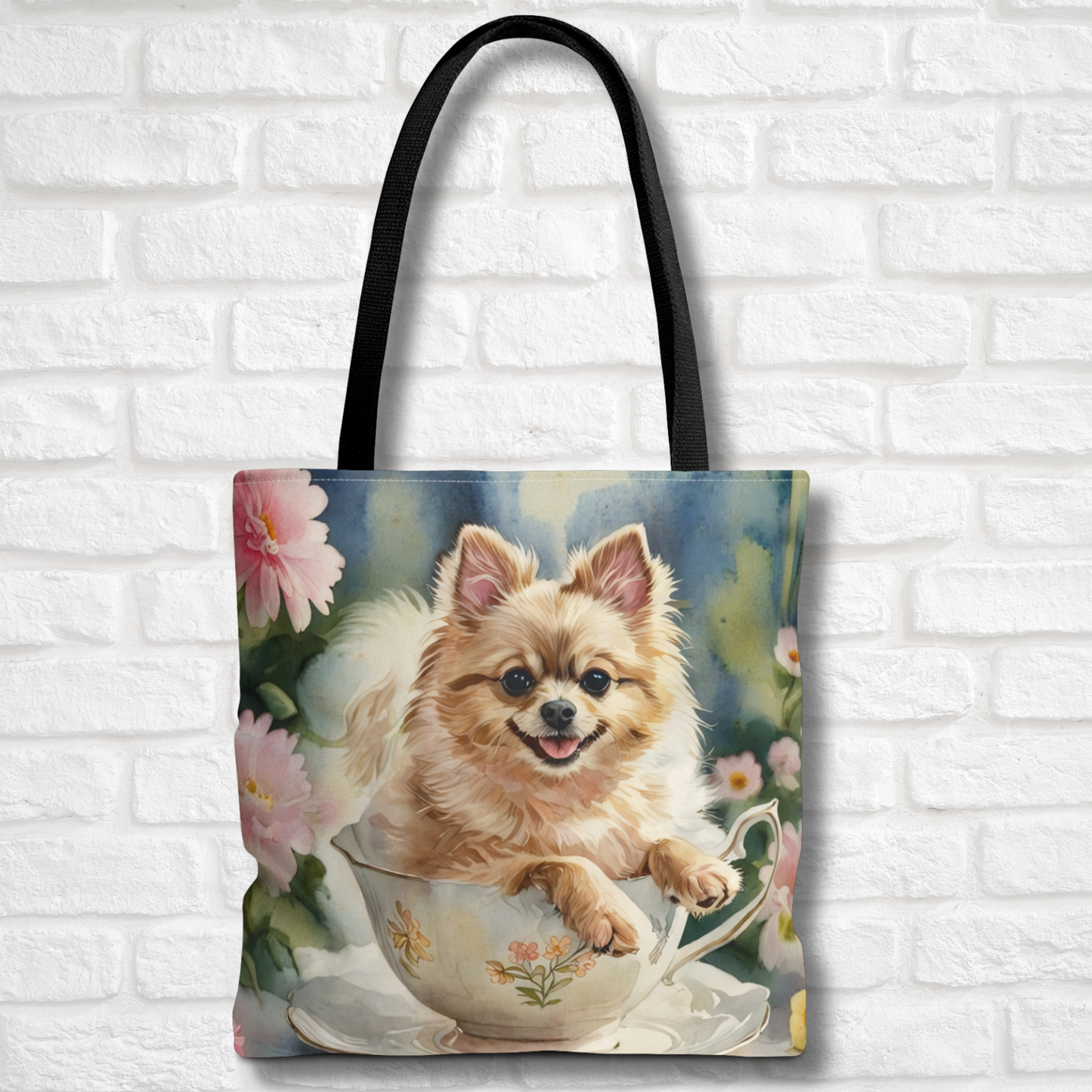 Pomeranian Tote Bag | Teacup Dog and Floral Art | Large Reusable Shoulder Bag for Pom Lovers and Tea Fans