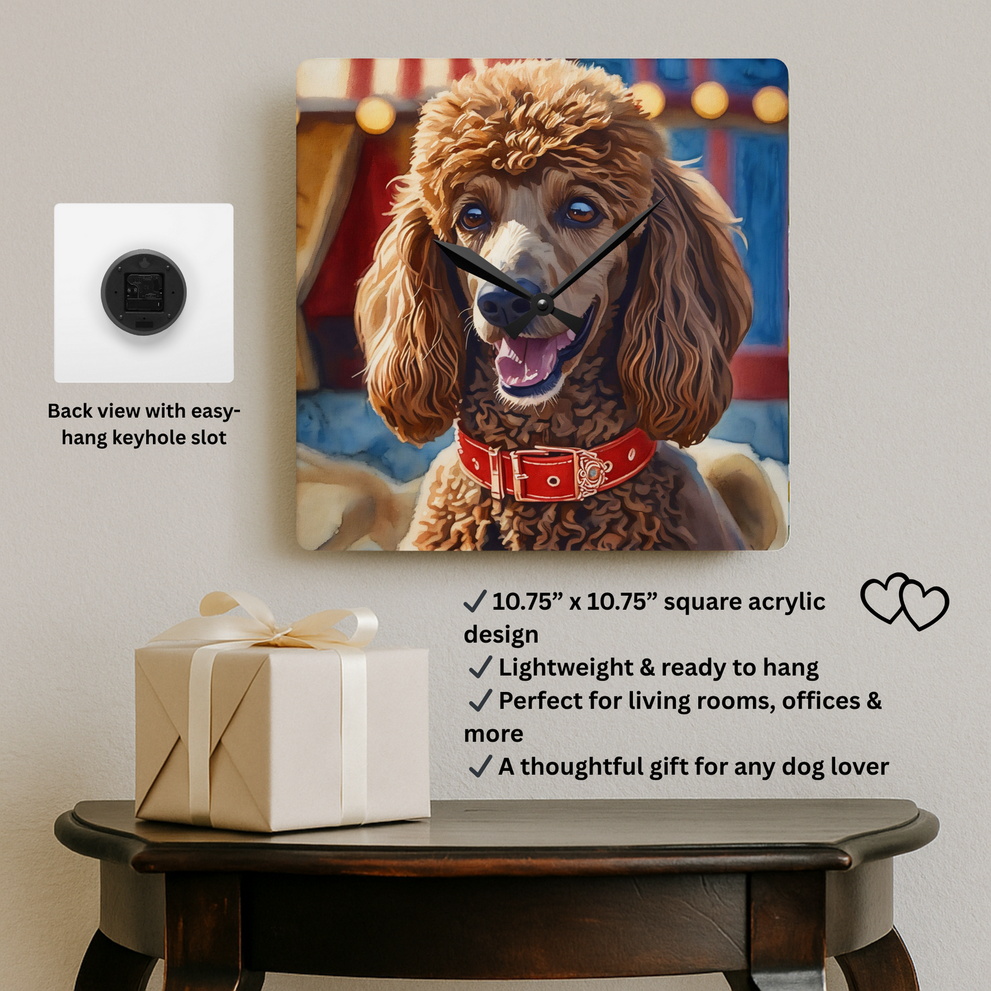 Poodle Wall Clock – Watercolor Dog Art | 10.75” Square Acrylic Wall Décor