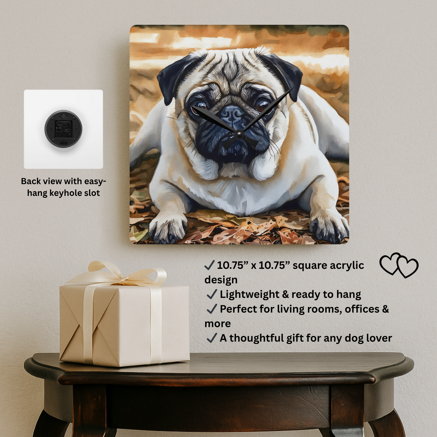 Pug Wall Clock – Cute Dog Lover Gift – Watercolor Pug Art