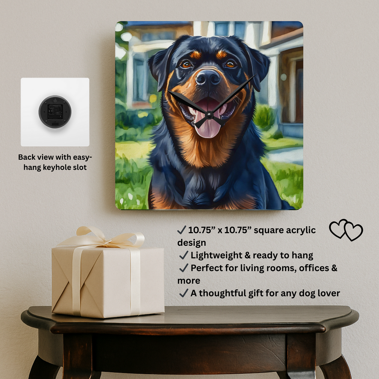 Rottweiler Wall Clock – Watercolor Dog Art | 10.75” Square Acrylic Wall Clock