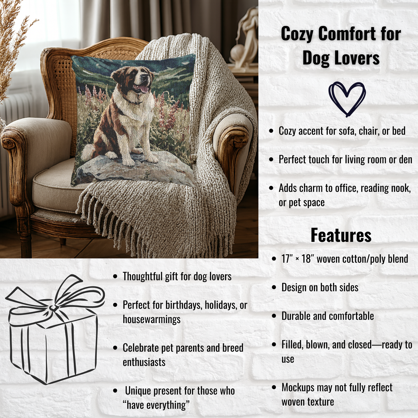 Saint Bernard Decorative Pillow – Gentle Giant Dog Lover Home Décor – Woven 17”x18” Pillow