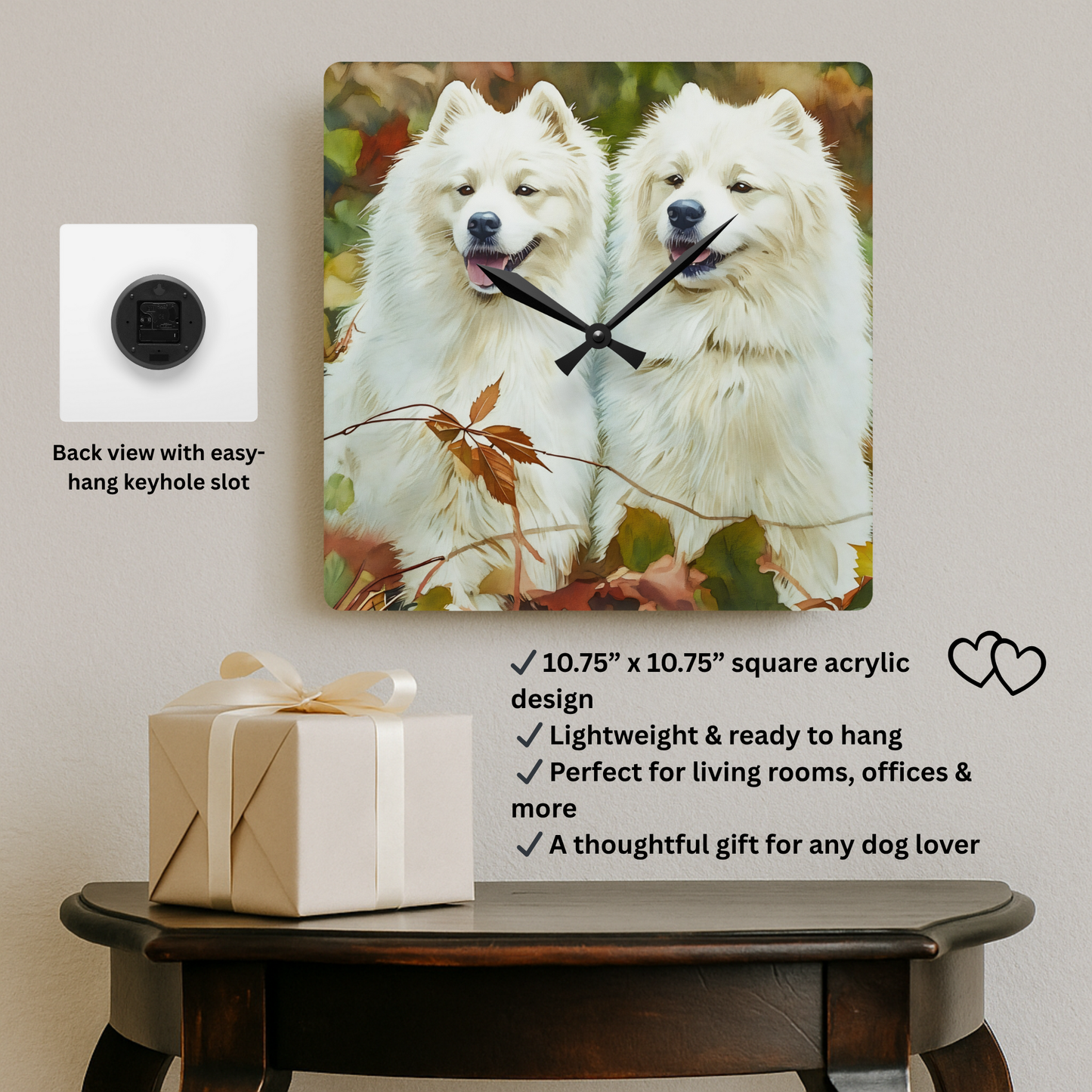 Samoyed Wall Clock – Smiling Dog Lover Gift – Watercolor Samoyed Art