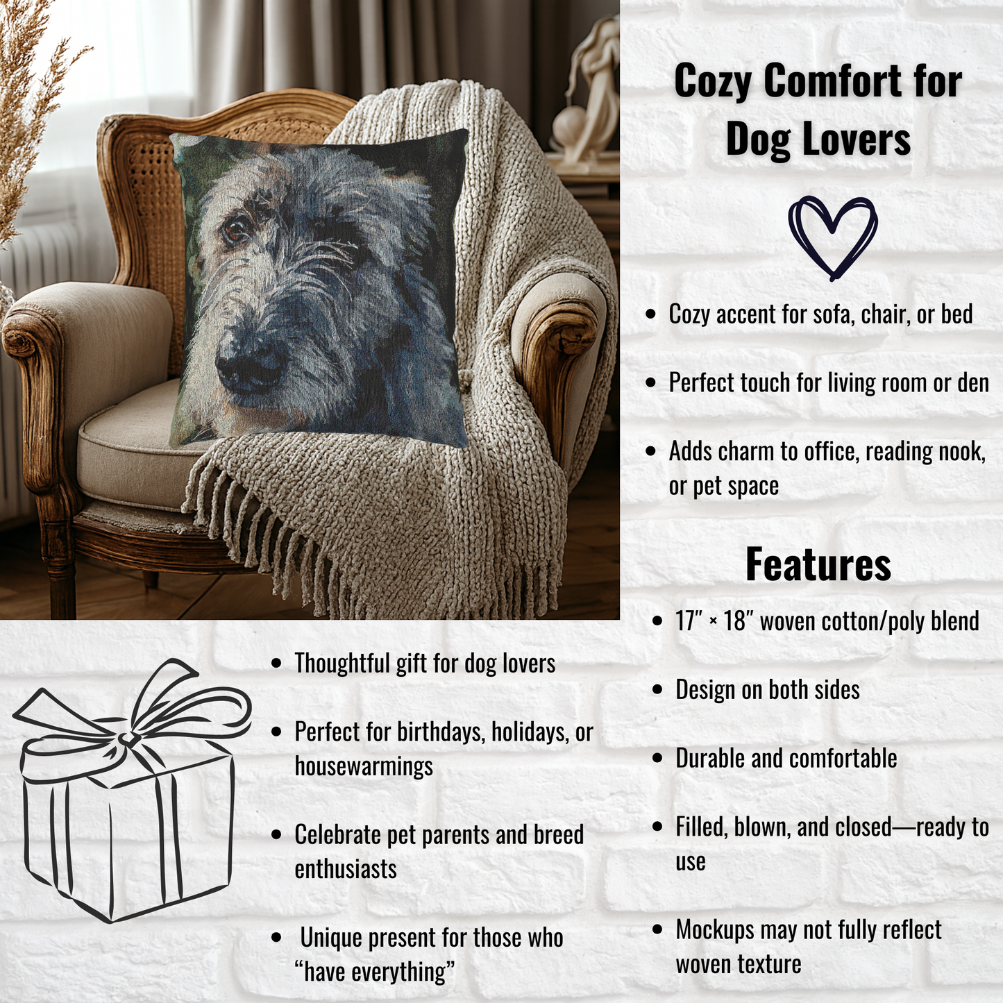 Scottish Deerhound Decorative Pillow – Noble Dog Lover Home Décor – Woven 17”x18” Pillow