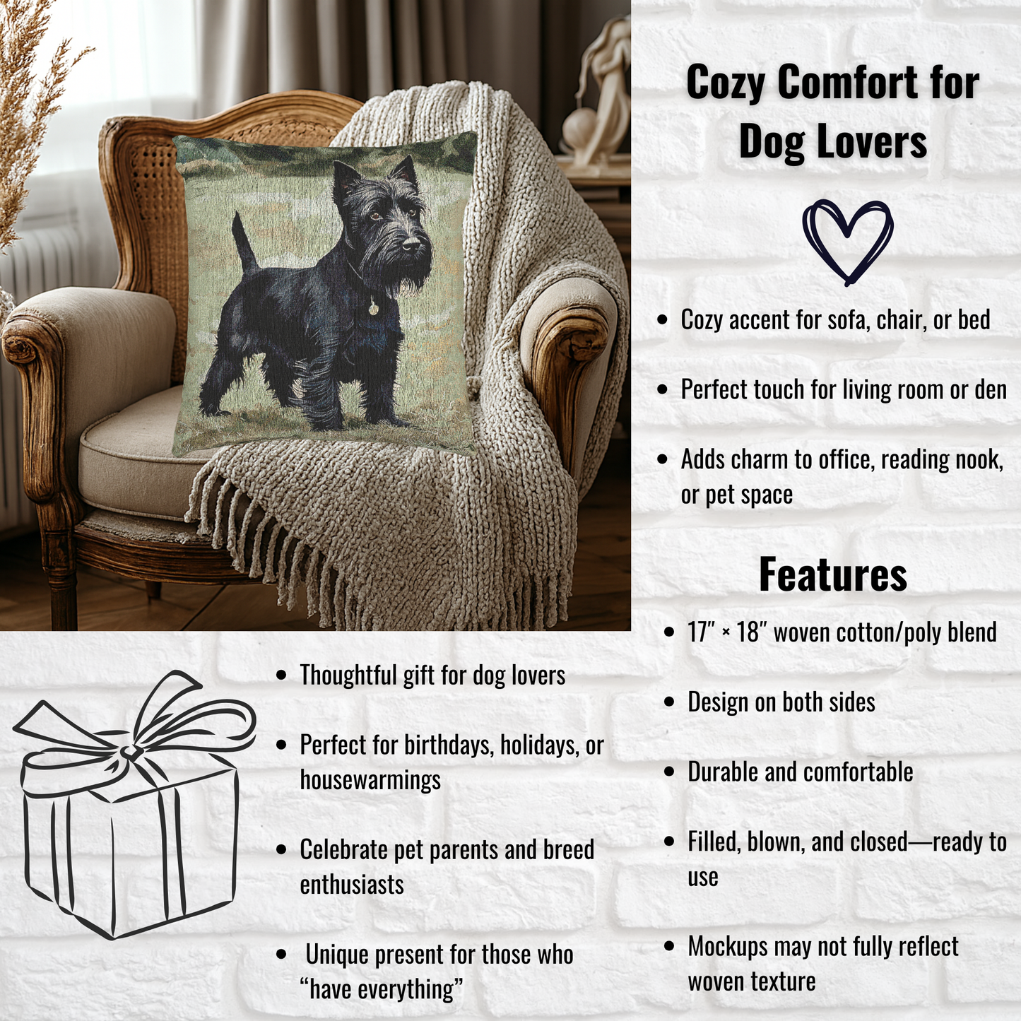Scottish Terrier Decorative Pillow – Classic Dog Lover Home Décor – Woven 17”x18” Pillow
