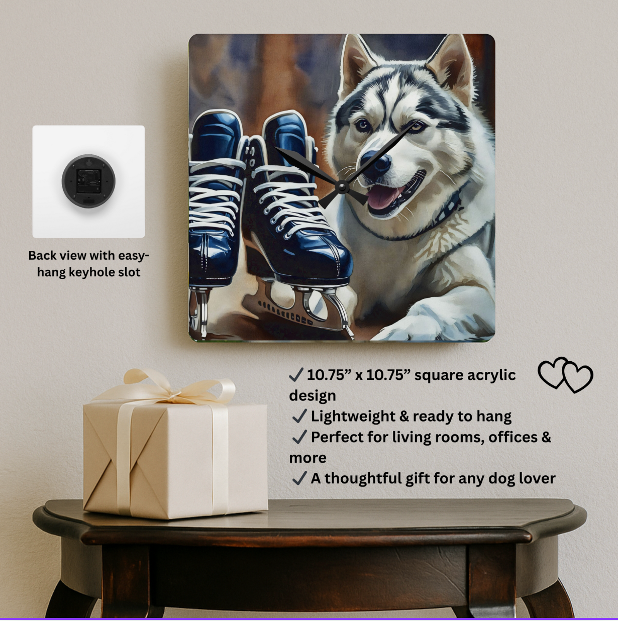 Siberian Husky Wall Clock – Watercolor Dog Art | 10.75” Square Acrylic Wall Clock