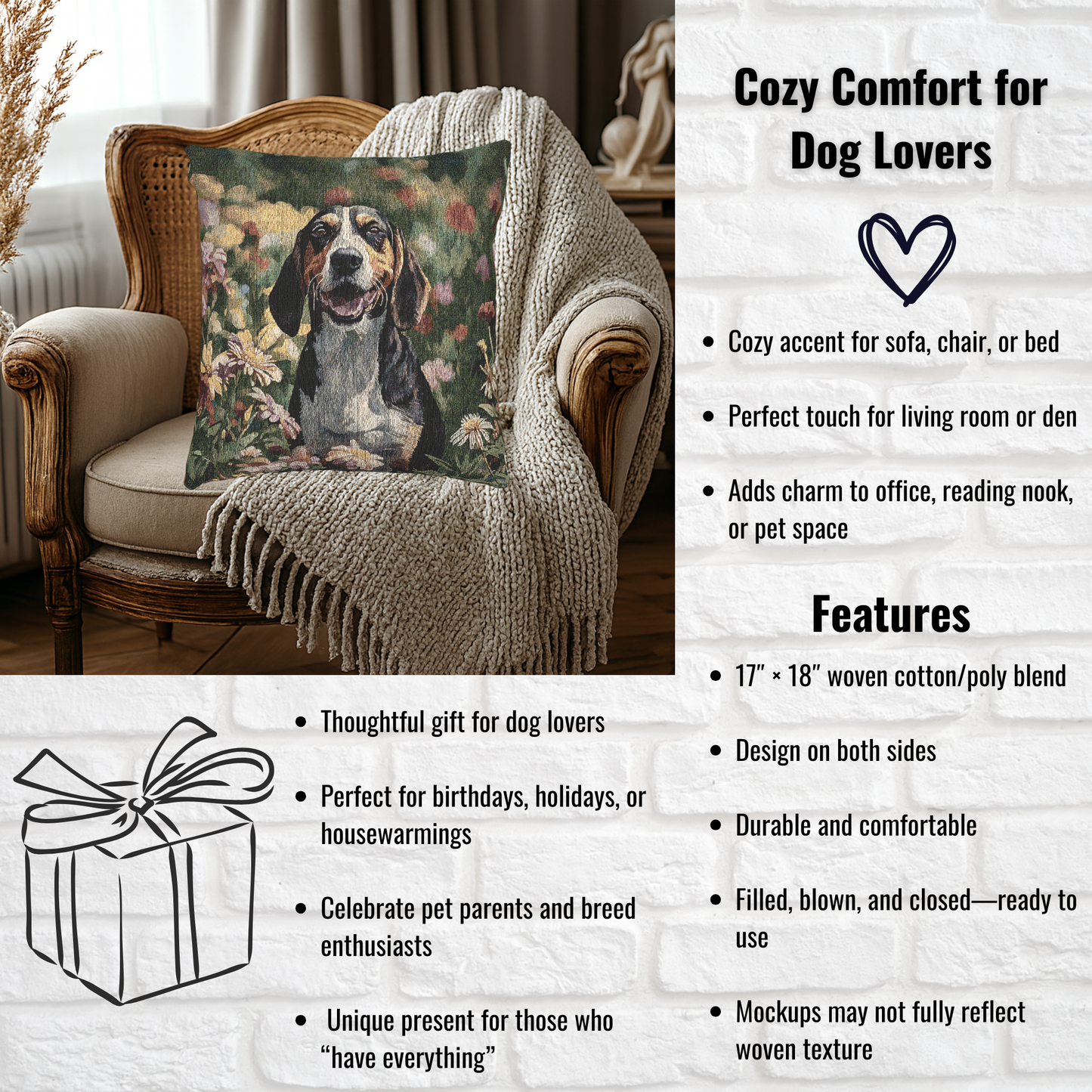 Treeing Walker Coonhound Woven Pillow – Decorative Dog Lover Home Décor – Classic Hound Design