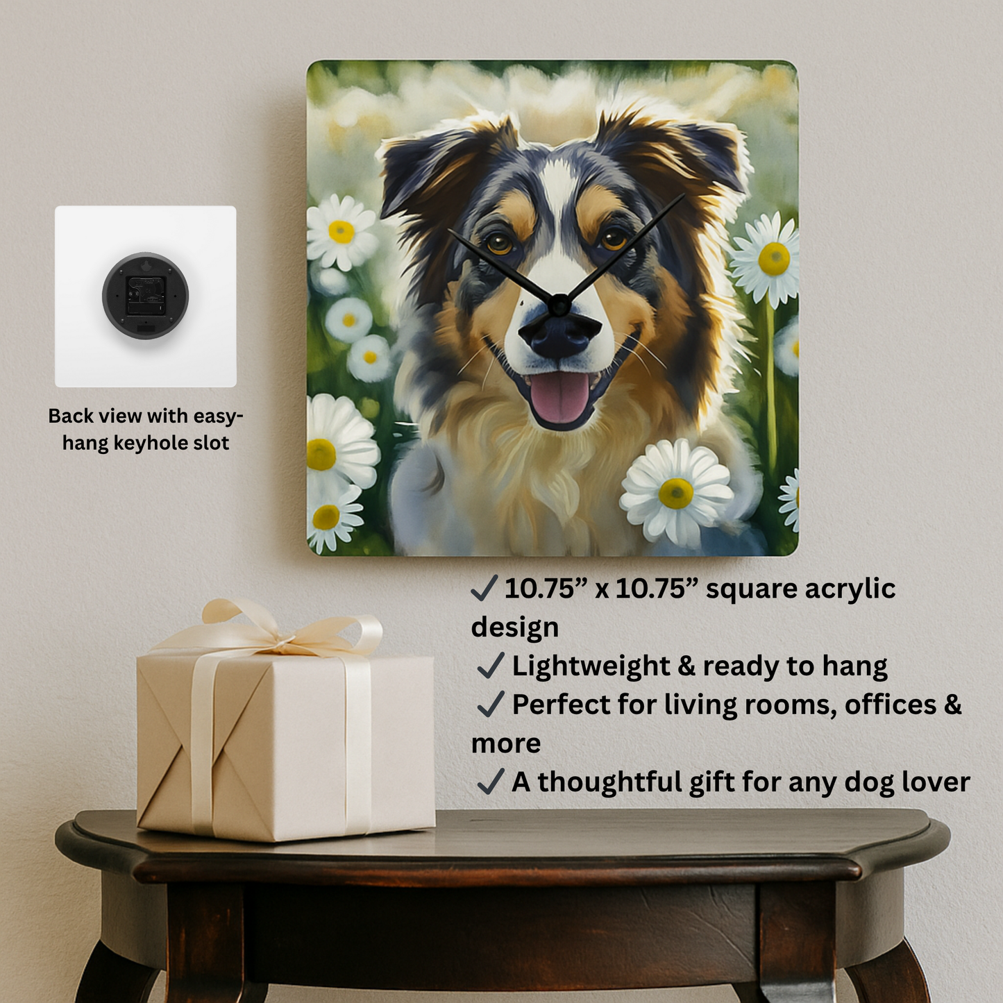 Australian Shepherd Wall Clock – Elegant Watercolor Dog Art | 10.75” Square Acrylic Wall Décor