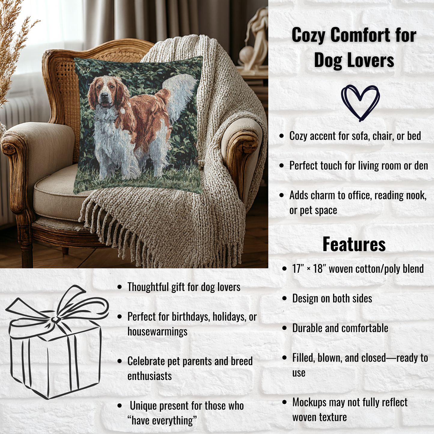 Welsh Springer Spaniel Woven Pillow – Dog Lover Home Décor – Classic Spaniel Design