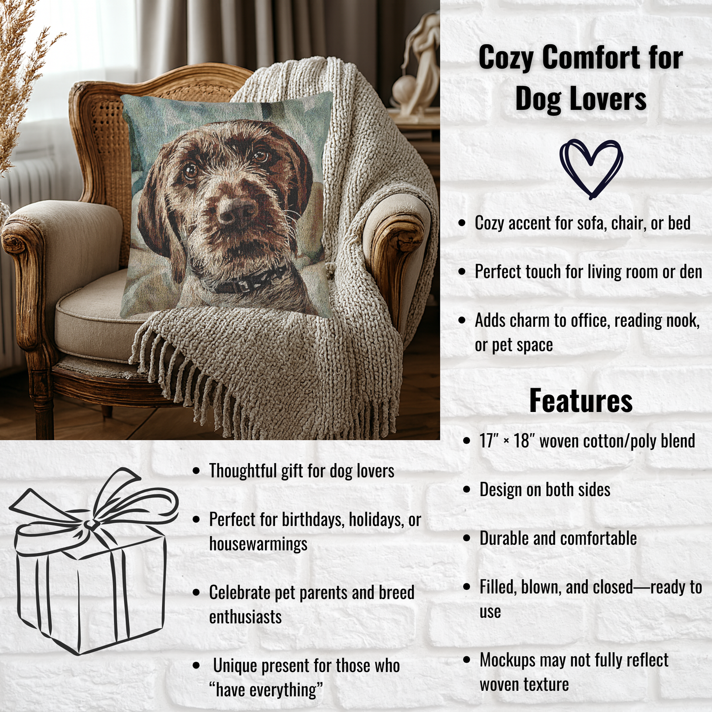 Wirehaired Pointing Griffon Woven Pillow – Rugged Dog Lover Décor – Sporting Breed Design