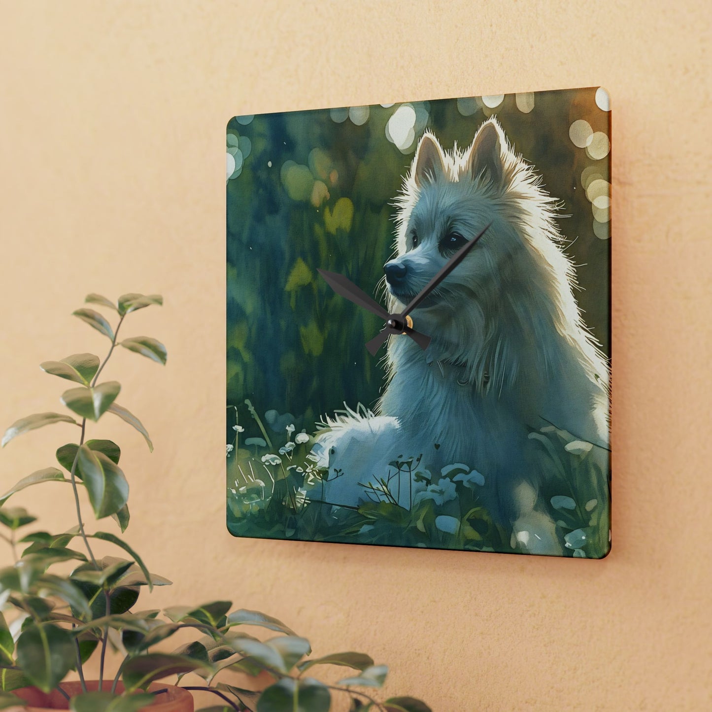 Japanese Spitz Acrylic Wall Clock – Fluffy & Cheerful Dog Lover Home Décor