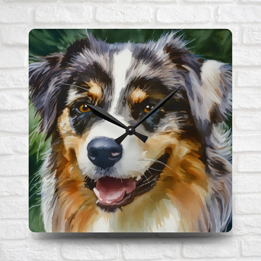 Australian Shepherd Wall Clock – Elegant Watercolor Dog Art | 10.75” Square Acrylic Wall Décor