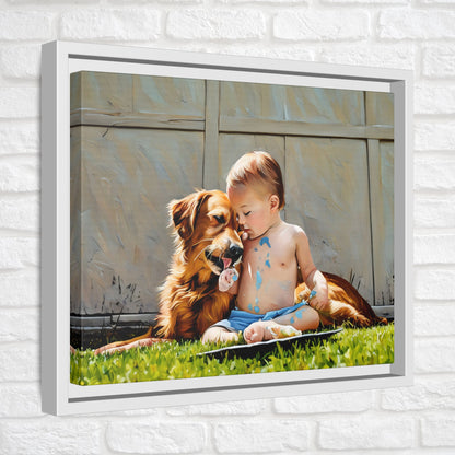 Golden Retriever & Baby Boy Canvas | Sweet Dog Art Print | Framed Wall Decor in Black, White, or Espresso | 11x 14| Dog Lover Gift