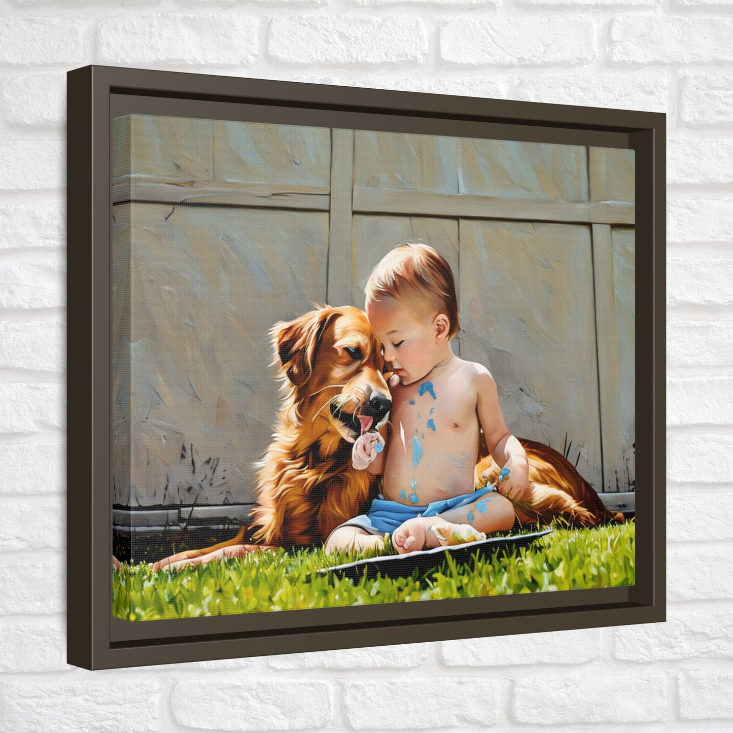Golden Retriever & Baby Boy Canvas | Sweet Dog Art Print | Framed Wall Decor in Black, White, or Espresso | 11x 14| Dog Lover Gift