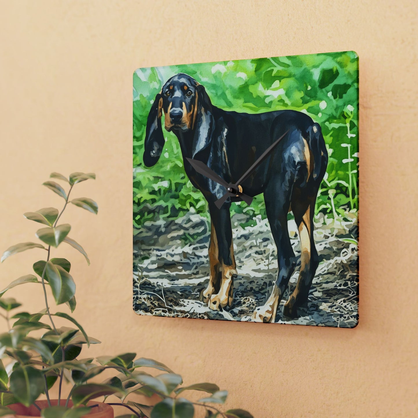Black and Tan Coonhound Wall Clock | Dog Lover Gift | Stylish Acrylic Clock with Coonhound Art