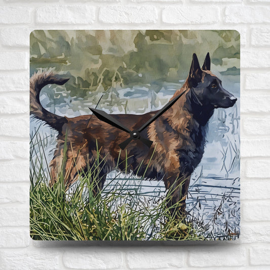 Dutch Shepherd Wall Clock – Minimalist Acrylic Clock with Watercolor Dutch Shepherd Art