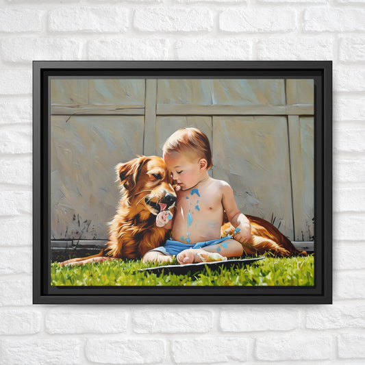 Golden Retriever & Baby Boy Canvas | Sweet Dog Art Print | Framed Wall Decor in Black, White, or Espresso | 11x 14| Dog Lover Gift