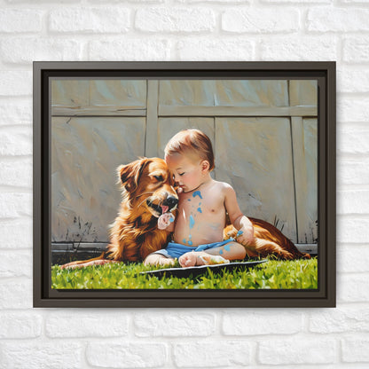 Golden Retriever & Baby Boy Canvas | Sweet Dog Art Print | Framed Wall Decor in Black, White, or Espresso | 11x 14| Dog Lover Gift