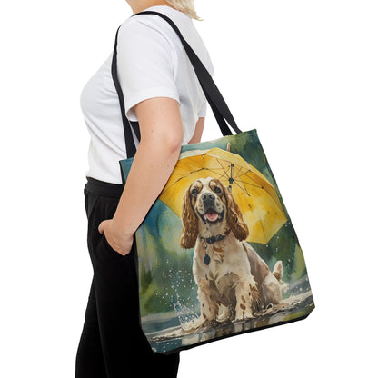 Cocker Spaniel Tote Bag | Rainy Day Dog Art with Yellow Umbrella | Large Watercolor Shoulder Bag