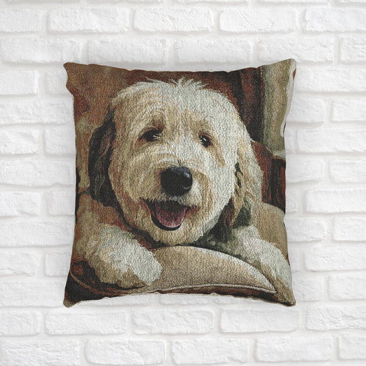 Old English Sheepdog Decorative Pillow – Gentle Giant Home Décor – Woven 17” x 18” Watercolor Old English Sheepdog Art