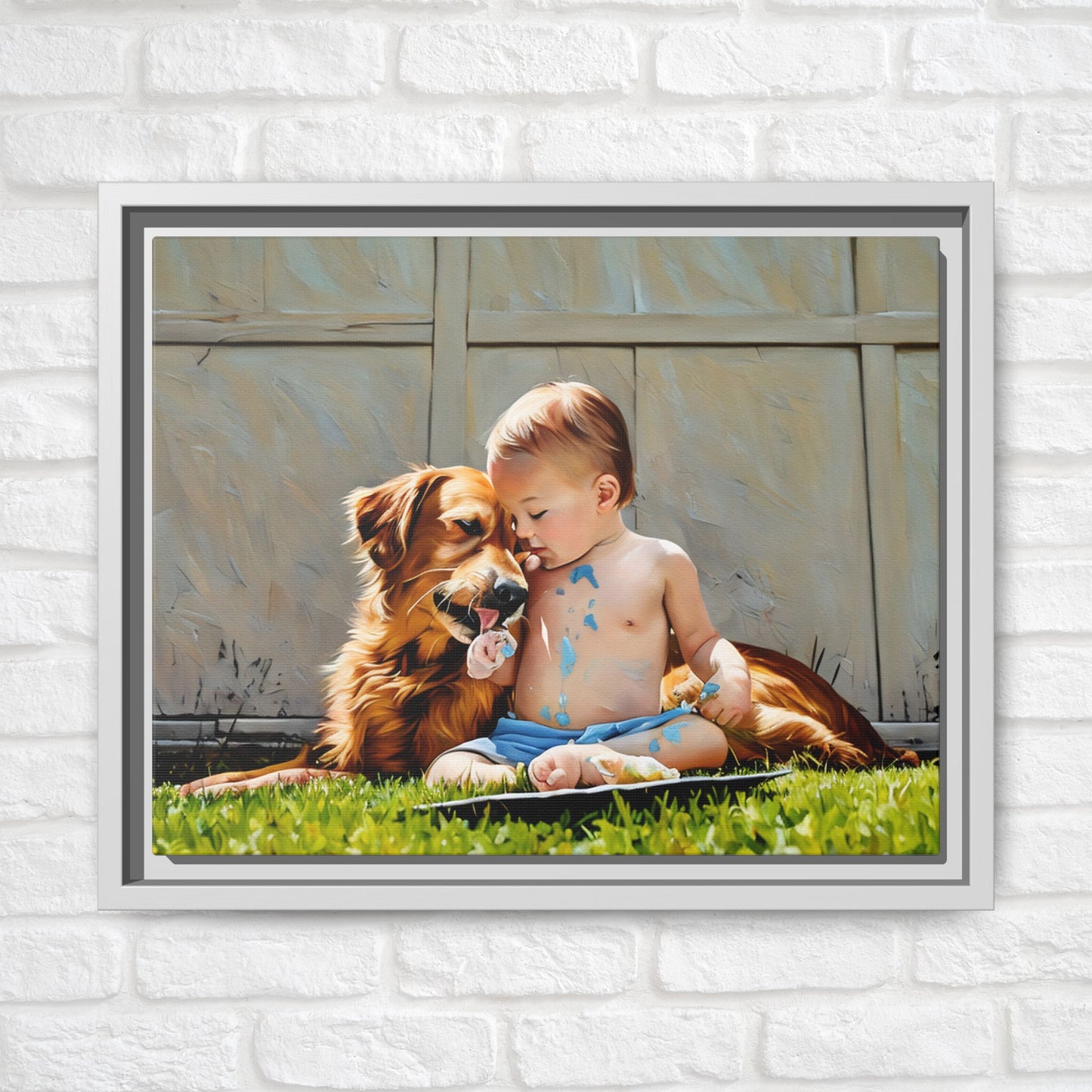 Golden Retriever & Baby Boy Canvas | Sweet Dog Art Print | Framed Wall Decor in Black, White, or Espresso | 11x 14| Dog Lover Gift