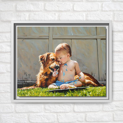 Golden Retriever & Baby Boy Canvas | Sweet Dog Art Print | Framed Wall Decor in Black, White, or Espresso | 11x 14| Dog Lover Gift