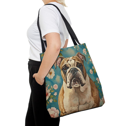 English Bulldog Tote Bag | Floral Dog Art with Blue Background | Large Reusable Shoulder Bag for Bulldog Lovers