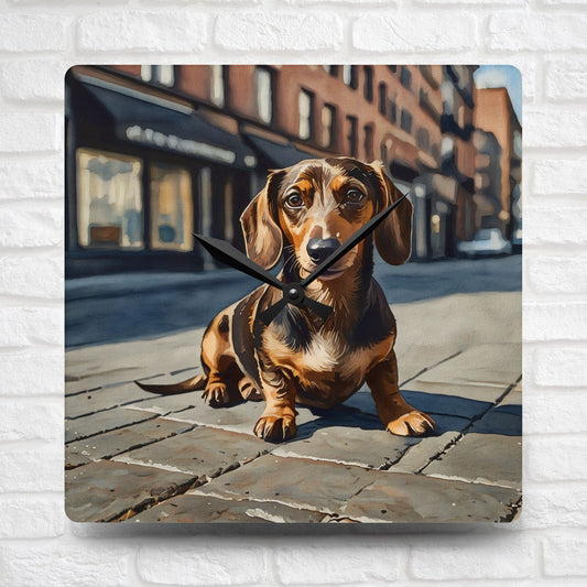 Dachshund Wall Clock – Watercolor Dog Art | 10.75” Square Acrylic Wall Décor