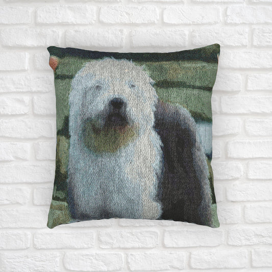 Old English Sheepdog Decorative Pillow – Gentle Giant Home Décor – Woven 17” x 18” Watercolor Old English Sheepdog Art