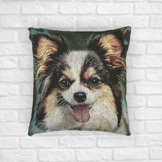 Papillon Decorative Pillow – Elegant Butterfly Dog Lover Décor – Woven 17” x 18” Watercolor Papillon Art